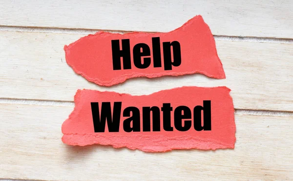 Help Wanted Words Red Sheets Paper Wooden Background — Zdjęcie stockowe