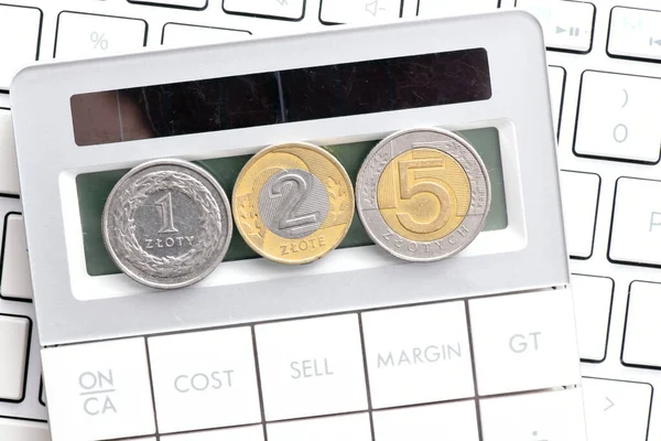 Злотый Злотых Злотых Польская Монета Экране Калькулятора Концепция Бизнеса — стоковое фото