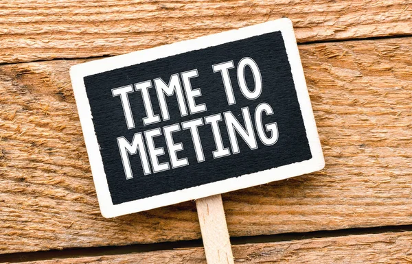Time Meeting Words Little Black Chalk Board Wooden Background — Stock Photo, Image