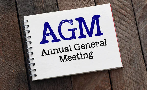 Agm Annual General Meeting Words Notebook Wooden Background — Φωτογραφία Αρχείου