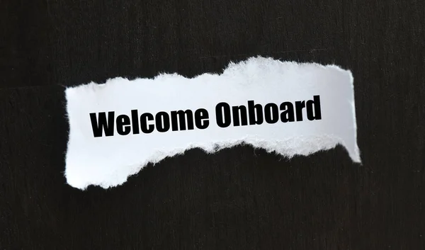 Welcome Onboard Words Small White Piece Paper Black Background — Stockfoto