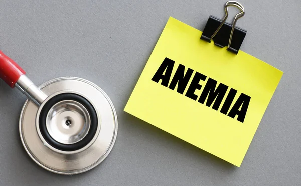 Anemia Word Small Yellow Sheet Paper Gray Background Next Stethoscope — Stock Photo, Image