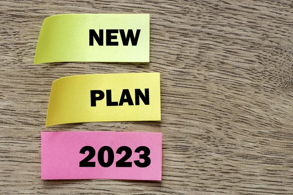 NEW PLAN 2023 words on small pieces of paper. Concept in business. Plans for the new year.