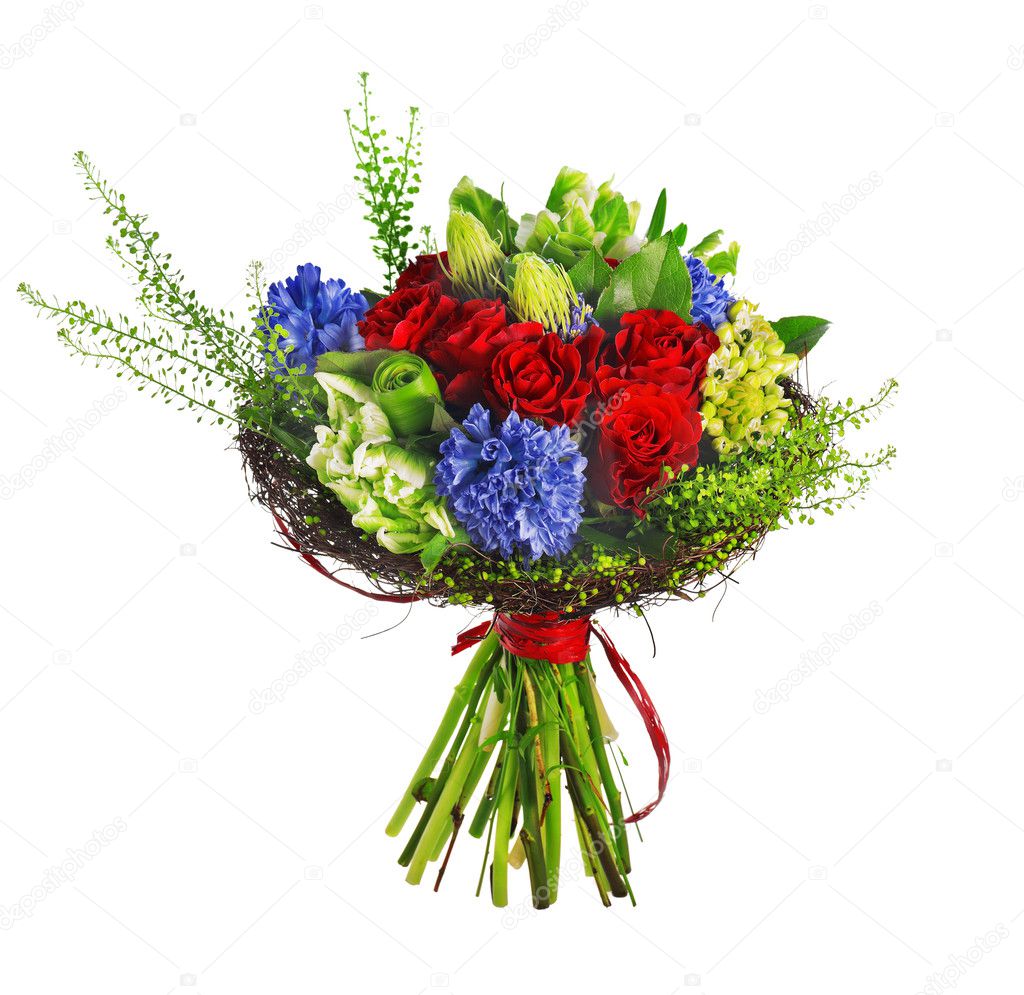 Bouquet of roses, hyacinthus and greens