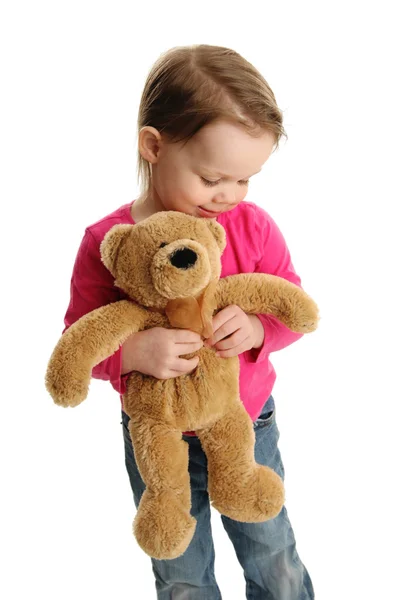 Γλυκό κοριτσάκι που κρατάει ένα αρκουδάκι — Φωτογραφία Αρχείου