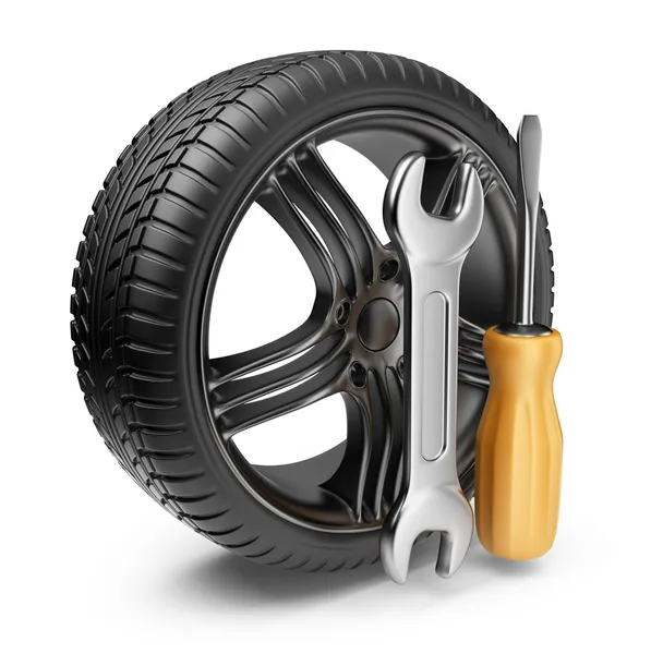 Wheel and tools. Car service. 3D Icon isolated — Stock Photo, Image