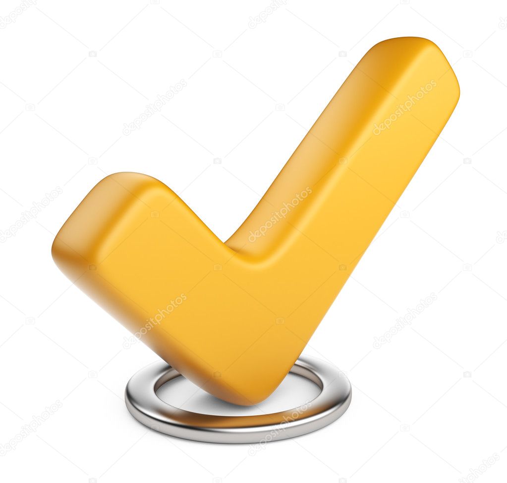 Yellow check mark. 3D Icon isolated on white background