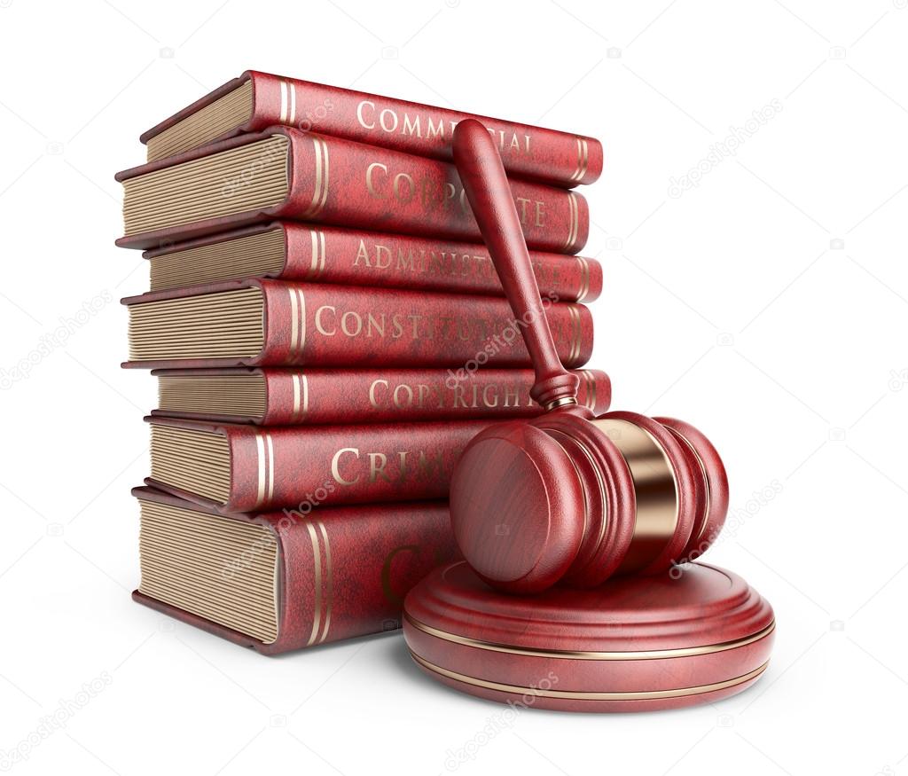 Wooden gavel with books. LAW concept. 3D Icon isolated