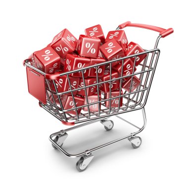 Kırmızı market alışveriş sepeti. indirim kavramı. izole 3d