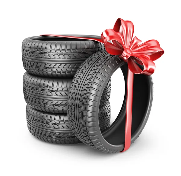 Neumáticos con cinta roja. Presente. Icono 3D aislado en la espalda blanca —  Fotos de Stock