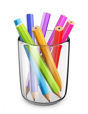 Colorful pens in glass. 3D Icon isolated on white bacground clipart