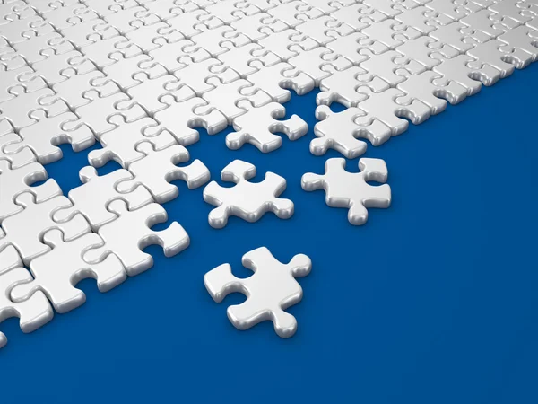 Damaged assembling of puzzle. 3D Illustration on blue background — Stock Photo, Image