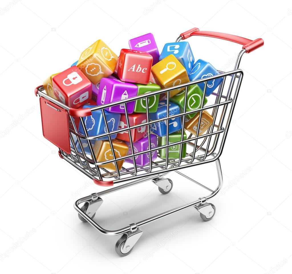 Shopping cart with app icons. 3D Isolated on white background