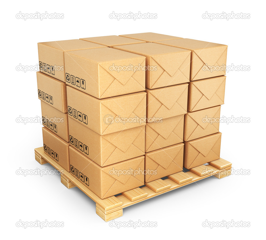 Cardboard boxes on palette. Deliver concept. 3D Icon isolated 