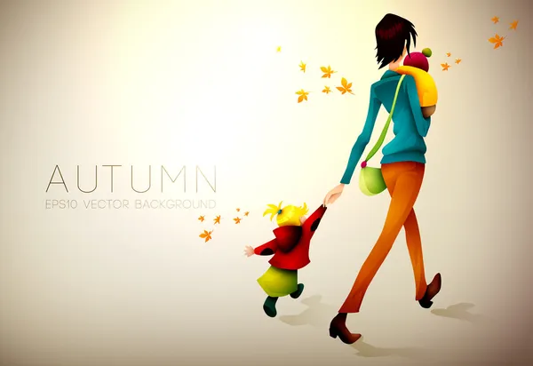 Herbst Hintergrund | Frau wacht eilig mit ihren Kindern auf — Stockvektor