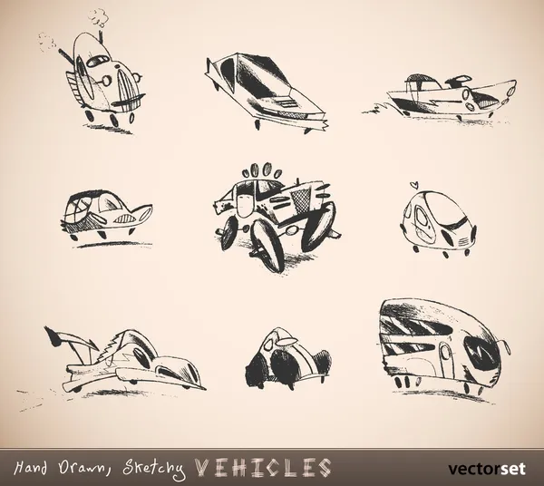 Hand Drawn, Sketchy Vehicles, Cars, Automobiles — Stock Vector