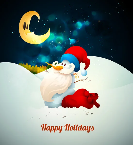 Boneco de neve com chapéu de Papai Noel com grande saco de presente e pássaro em sua cabeça — Vetor de Stock