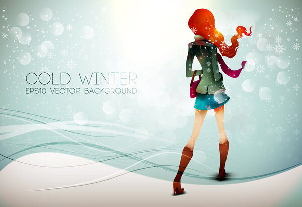 Autumn Background. Young Woman in wind