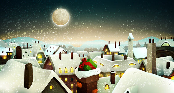 Peaceful Town Under Moonlight At Christmas Eve — Stock Vector