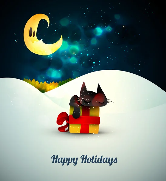 Chaton dormant sur une boîte cadeau seul dans la neige au clair de lune — Image vectorielle