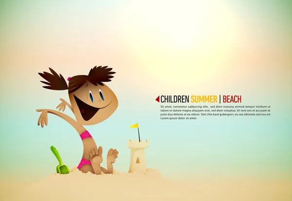 Petite fille construisant le château de sable sur la plage — Image vectorielle