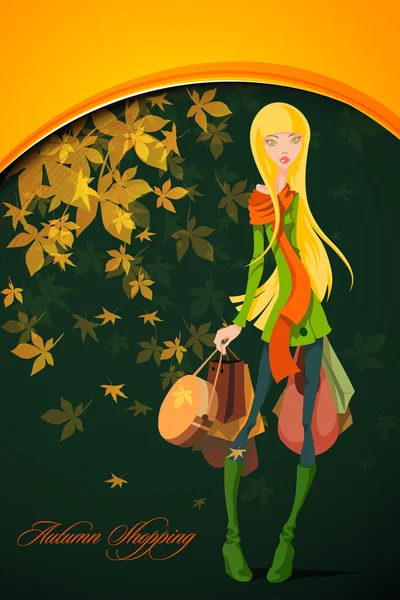 美しい女と秋のショッピング — ストックベクタ