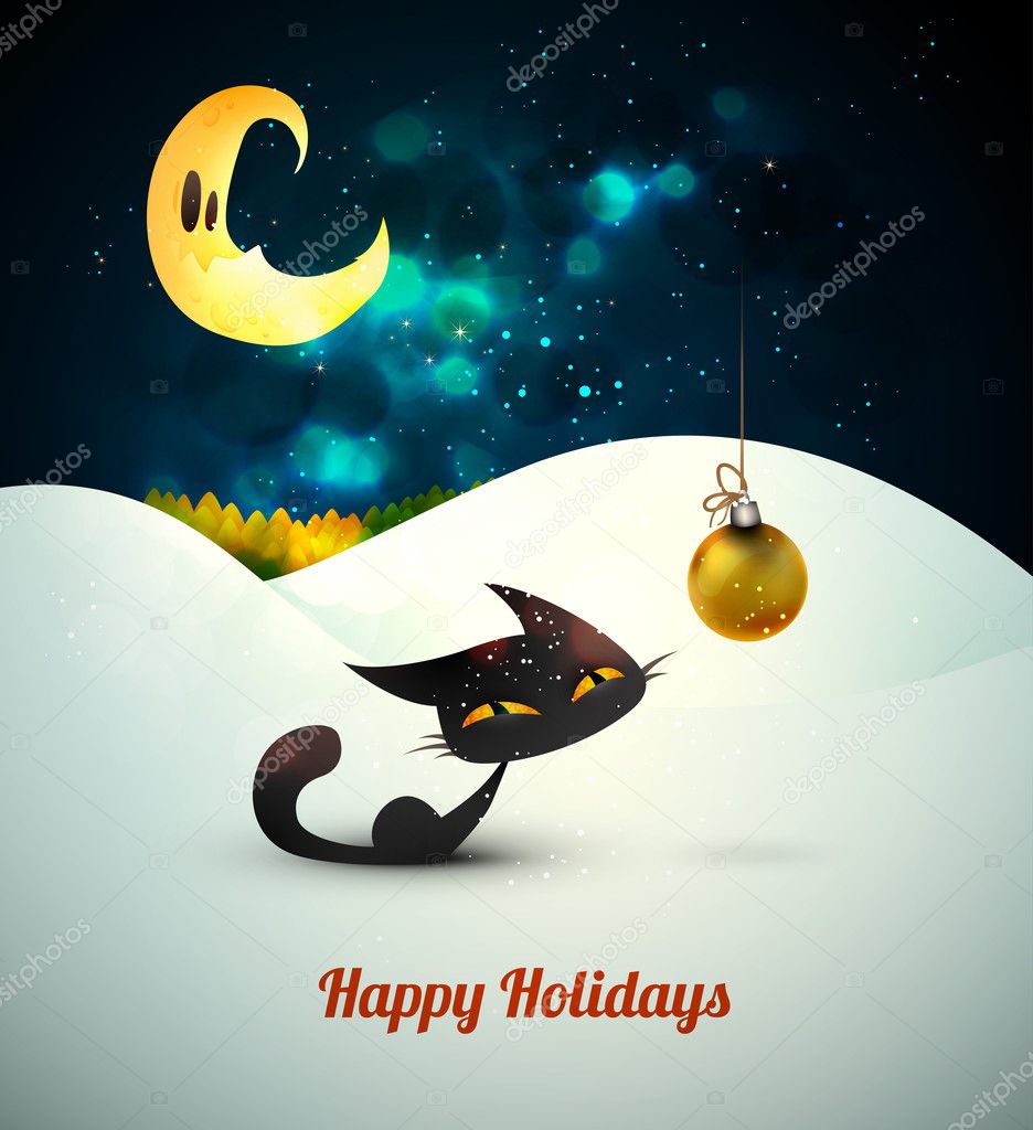 Cat with Christmas Globe alone in the snow under moonlight