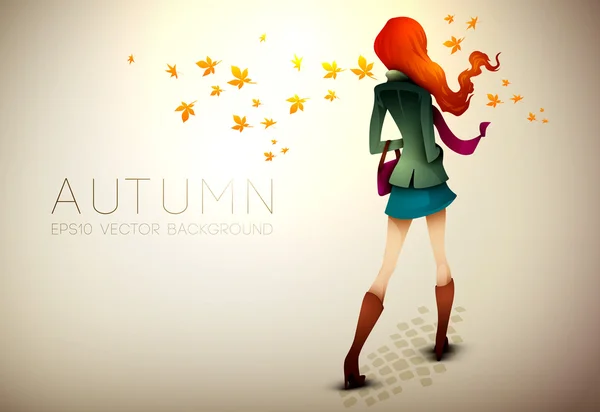 Осенний фон - Молодая женщина на ветру — стоковый вектор