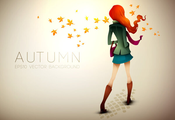Autumn Background - Young Woman in wind