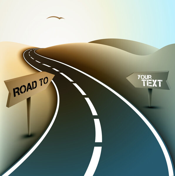 Asphalt Road in the Desert with Road signs for Text
