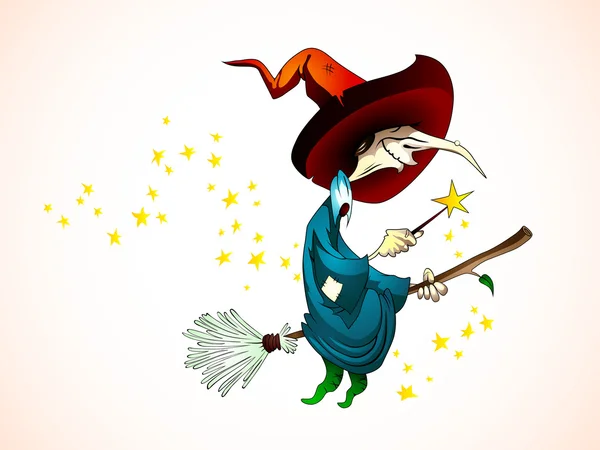 Witch holding a Magic Wand, Flying on a Broom — Stock Vector