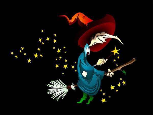 Ведьма с волшебной палочкой, летающая на метле — стоковый вектор