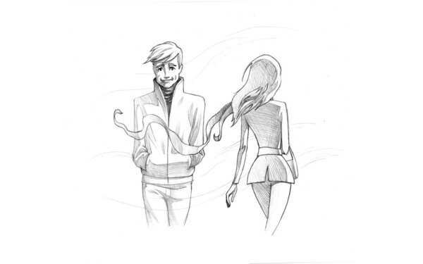 Woman and man passing by each other