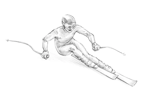 Handdrawn σκίτσο μολύβι εικονογράφηση του μια αλπικός σκιέρ — Φωτογραφία Αρχείου
