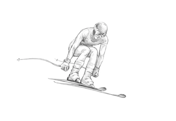 Håndtegnet skitse Blyant Illustration af en Alpine Skier Jumping - Stock-foto