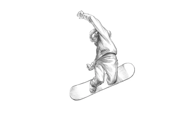 Handgezeichnete Skizze - Bleistift-Illustration eines Snowboarders in der Luft — Stockfoto