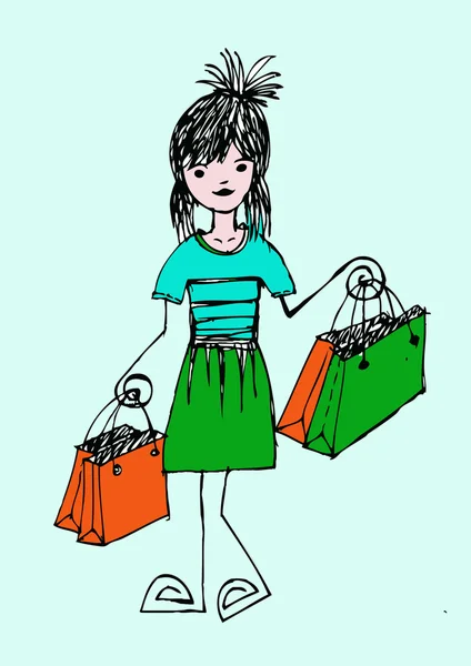 手绘购物的年轻妇女 — 图库矢量图片