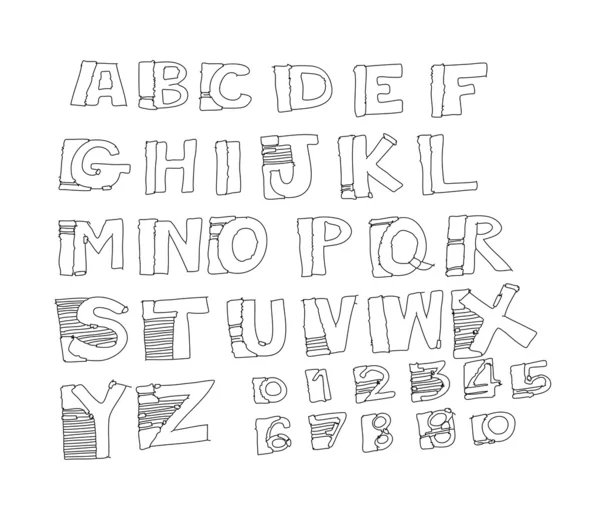 Freehand hand drawn font with english letters from a to z, numbers from
