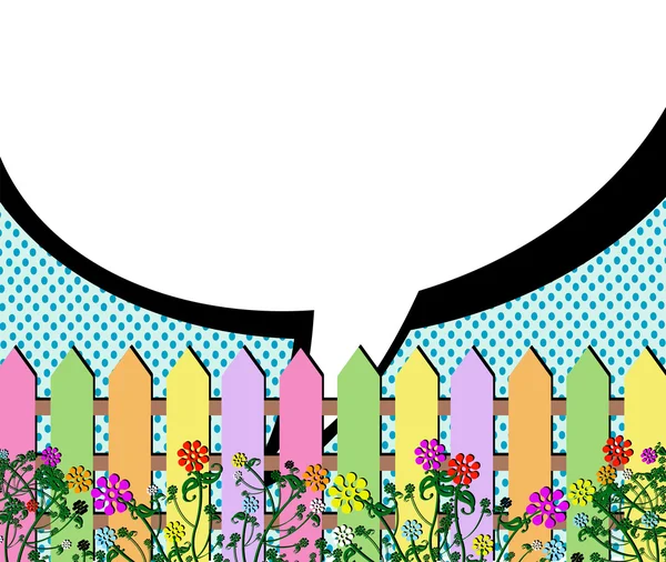 Zaun Frühling Blumen Hintergrund und leere Sprechblasen — Stockvektor
