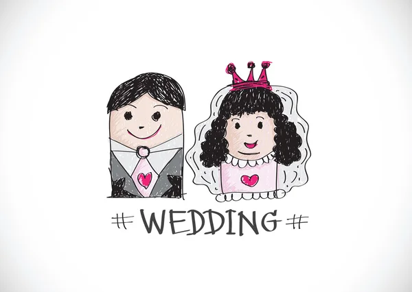 Cartoon Hand gezeichnet Brautpaar Hochzeit Idee Design — Stockvektor