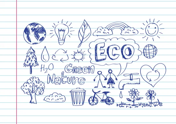 Eco Idea Sketch e Eco friendly Doodles — Vettoriale Stock