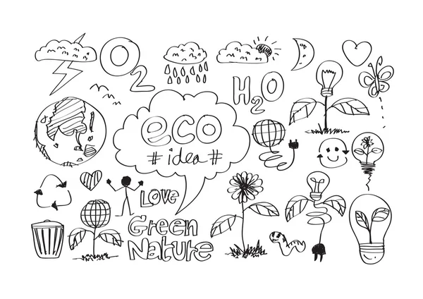 Eco Idea Sketch e Eco friendly Doodles — Vettoriale Stock