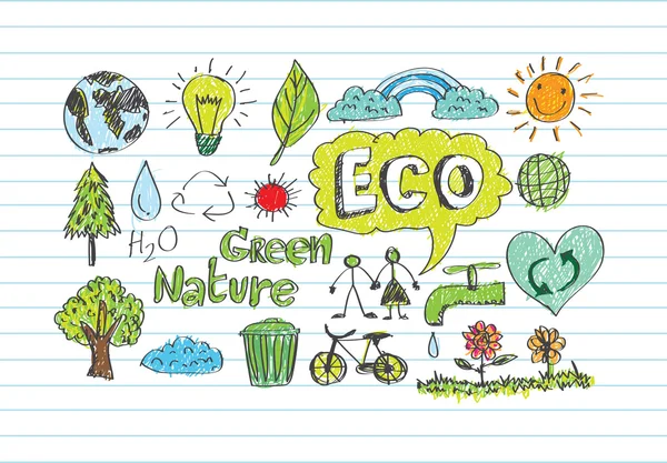 Eco Idea Sketch e Eco friendly Doodles — Vettoriale Stock