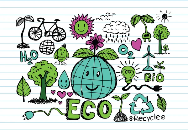 Eco Idea Sketch e Eco friendly Doodles — Vettoriale Stock