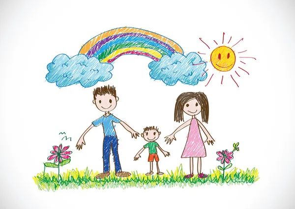 Bambini disegno felice immagine di famiglia — Vettoriale Stock