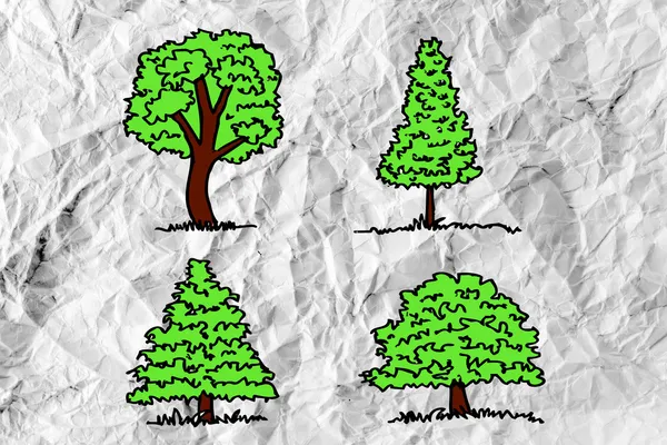 Set of trees with leaves on crumpled paper — Stock Photo, Image