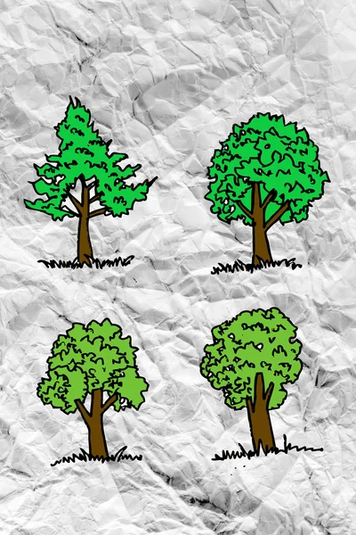 Set of trees with leaves on crumpled paper — Stock Photo, Image