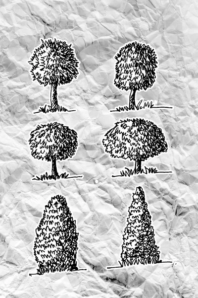 Set di alberi con foglie su carta sgualcita — Foto Stock