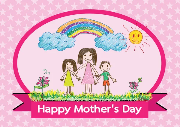 Bonne carte de la fête des mères avec des dessins animés familiaux en illustration — Image vectorielle