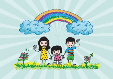 Çocuklar mutlu aile resmi çiziyor.